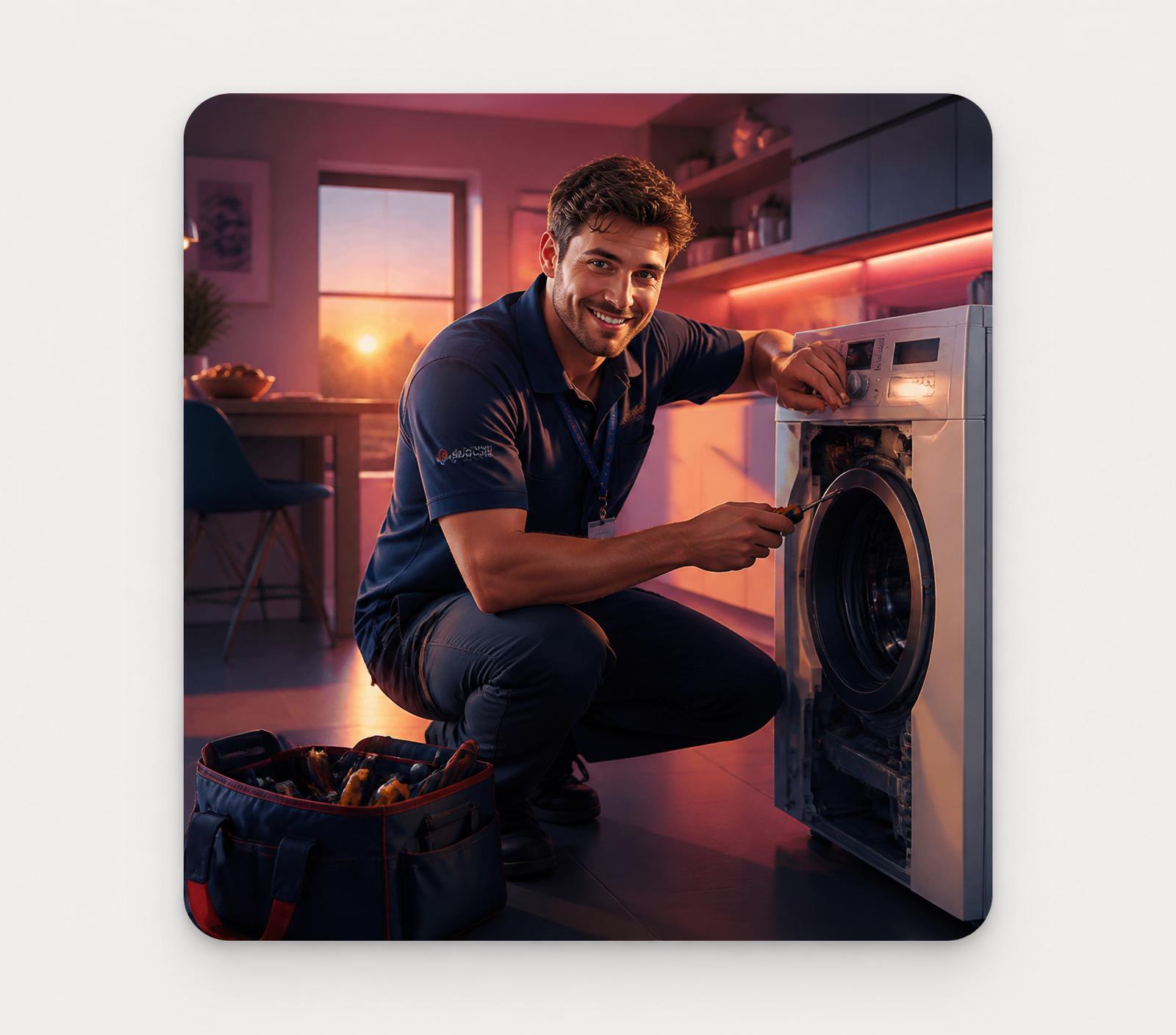 Friendly Kettlebridge engineer repairing a washing machine in a bright kitchen